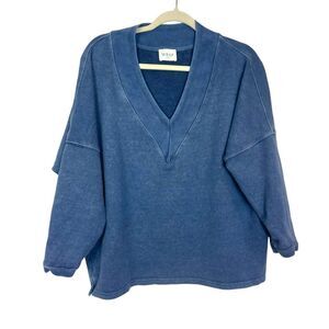 Wrap London Sweater Women 14 Blue Oversized Hemp Blend V-Neck Pullover L Knit